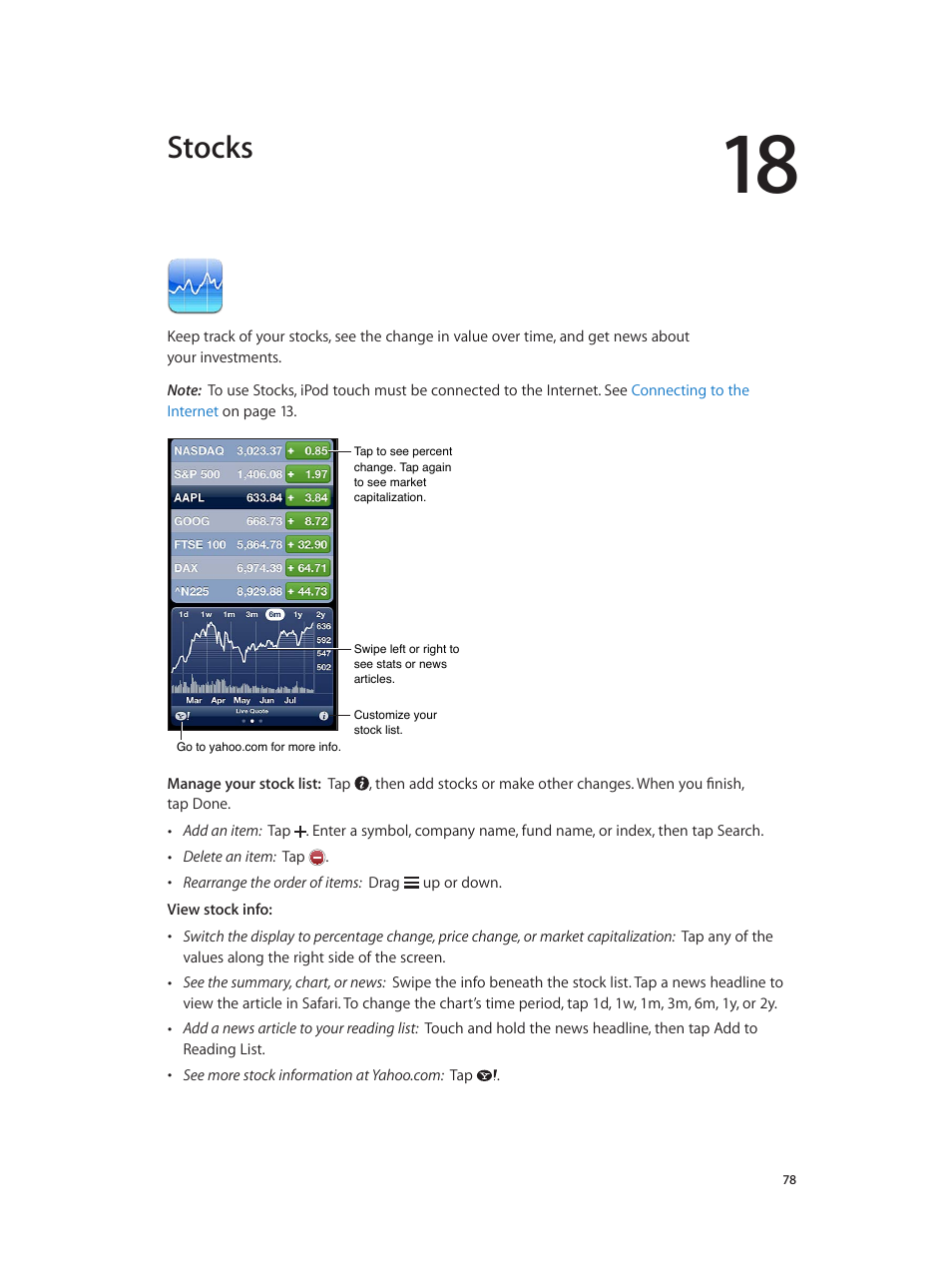 Chapter 18: stocks, Stocks | Apple iPod touch iOS 6.1 User Manual | Page 78 / 138