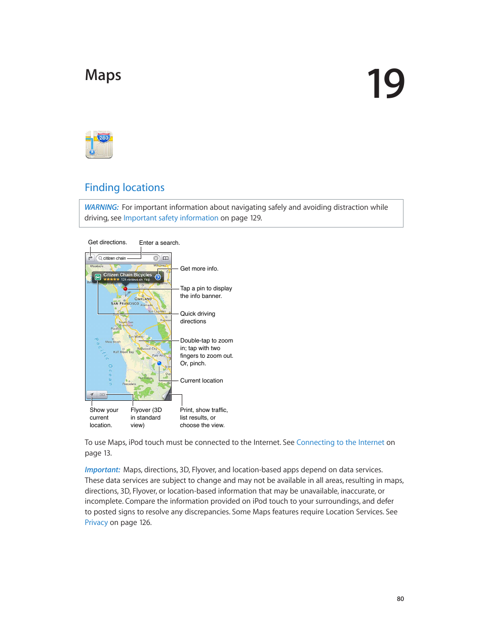 Chapter 19: maps, Finding locations, 80 finding locations | Maps | Apple iPod touch iOS 6.1 User Manual | Page 80 / 138