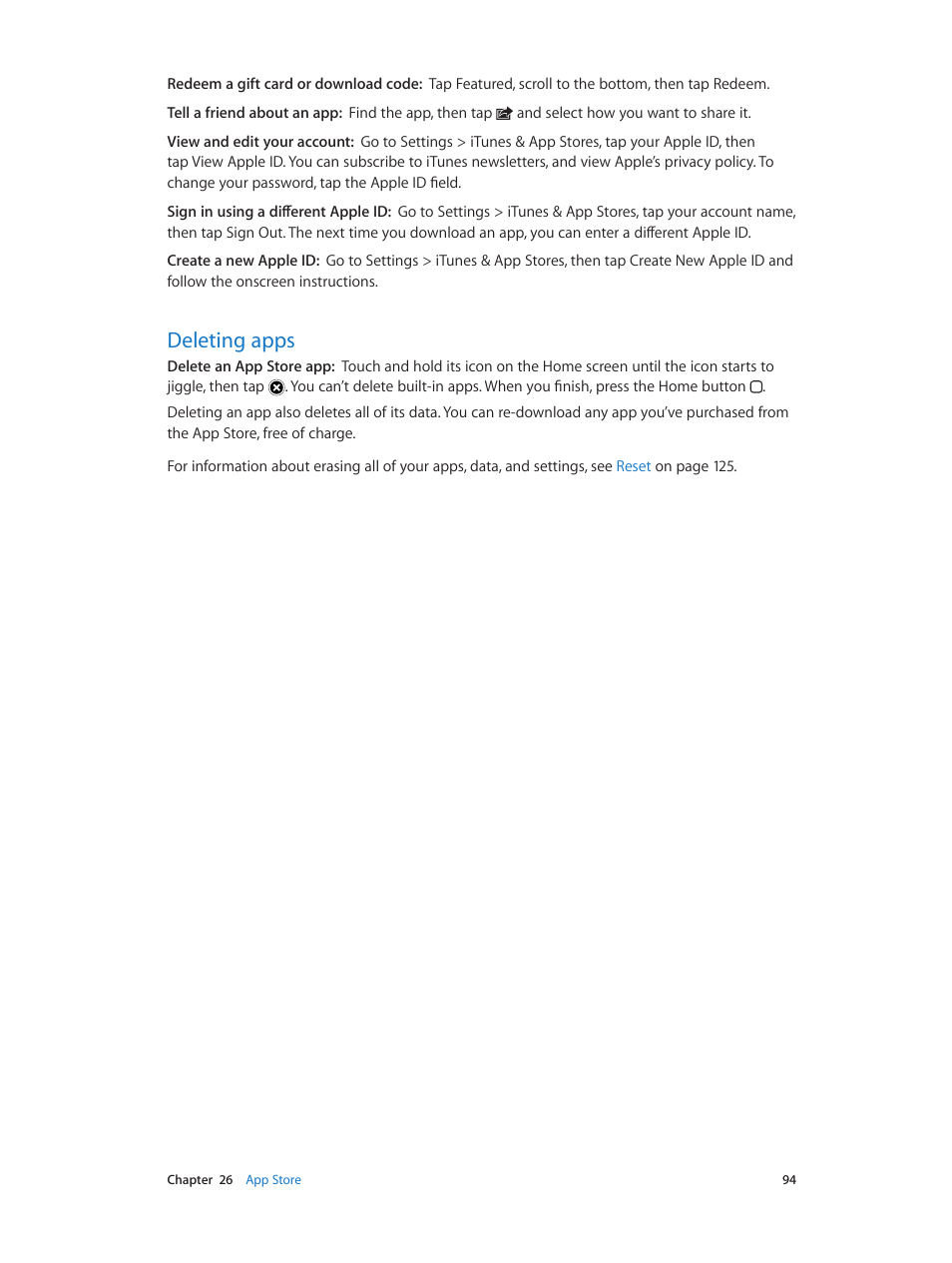 Deleting apps, 94 deleting apps | Apple iPod touch iOS 6.1 User Manual | Page 94 / 138