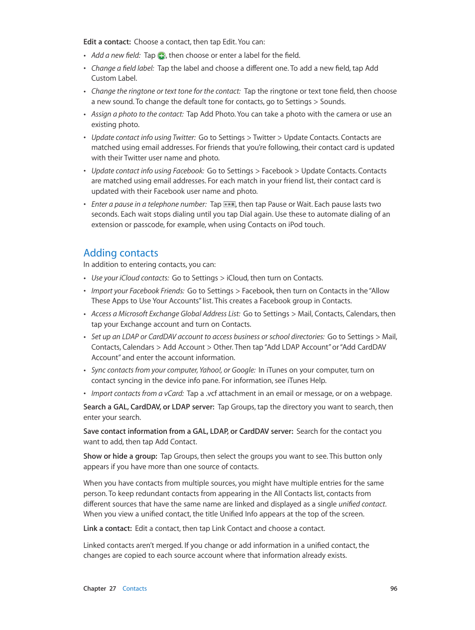 Adding contacts, 96 adding contacts | Apple iPod touch iOS 6.1 User Manual | Page 96 / 138