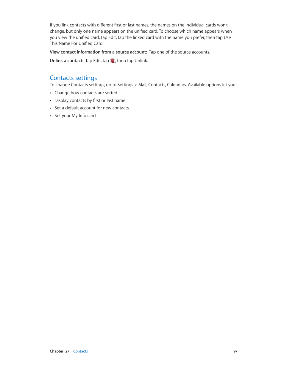 Contacts settings, 97 contacts settings | Apple iPod touch iOS 6.1 User Manual | Page 97 / 138