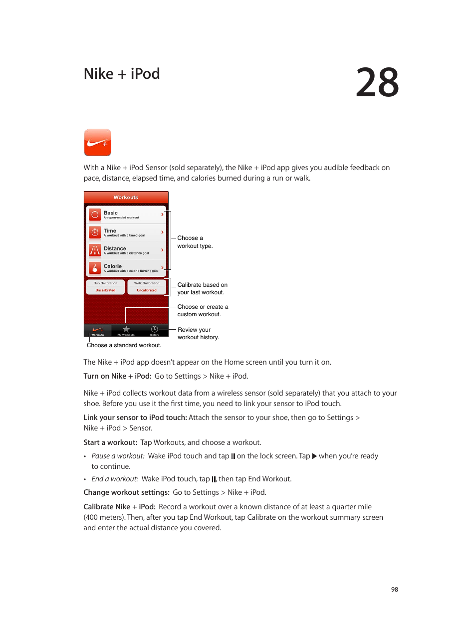 Chapter 28: nike + ipod, Nike + ipod | Apple iPod touch iOS 6.1 User Manual | Page 98 / 138