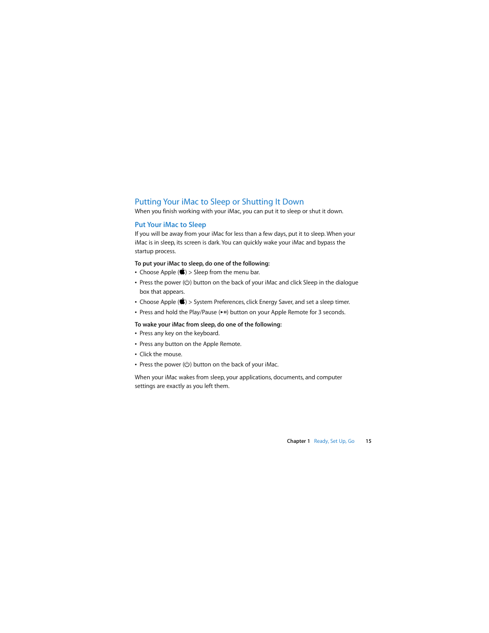 Putting your imac to sleep or shutting it down, Put your imac to sleep | Apple iMac (Early 2008) User Manual | Page 15 / 76
