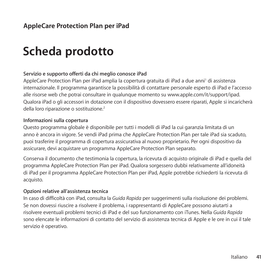 Scheda prodotto, Applecare protection plan per ipad | Apple AppleCare Protection Plan for iPad User Manual | Page 41 / 96