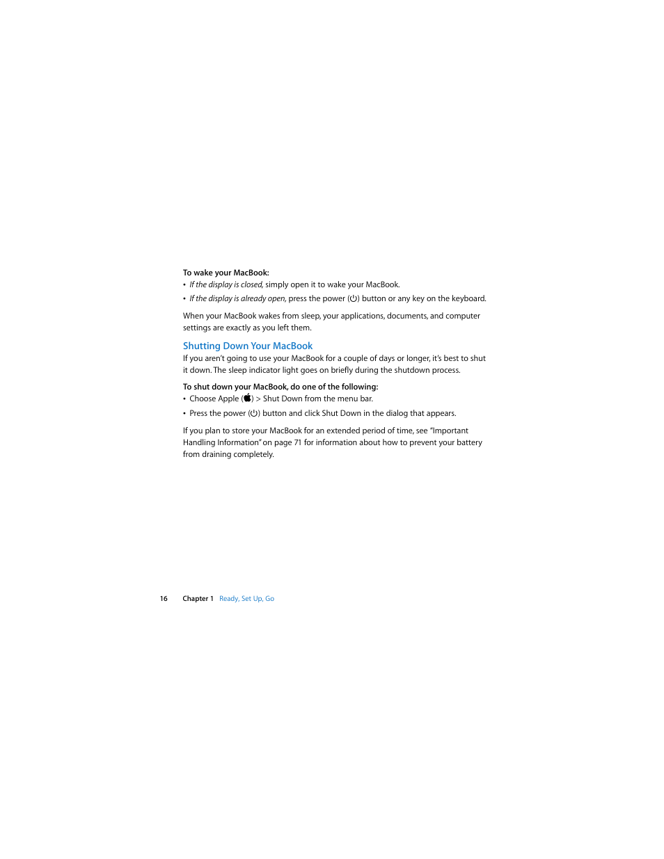 Shutting down your macbook | Apple MacBook (13-inch, Aluminum, Late 2008) User Manual | Page 16 / 88