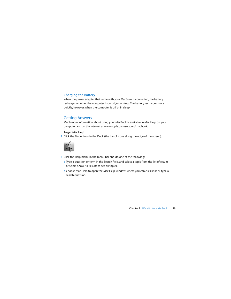 Charging the battery, Getting answers | Apple MacBook (13-inch, Aluminum, Late 2008) User Manual | Page 29 / 88