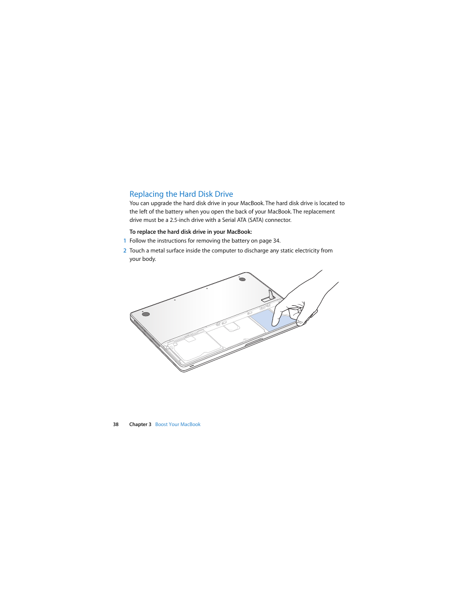 Replacing the hard disk drive | Apple MacBook (13-inch, Aluminum, Late 2008) User Manual | Page 38 / 88