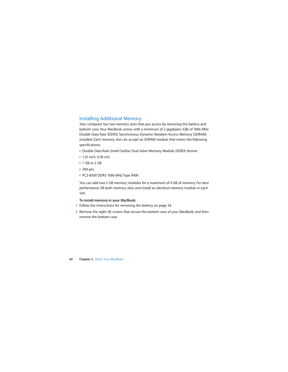 Installing additional memory | Apple MacBook (13-inch, Aluminum, Late 2008) User Manual | Page 42 / 88