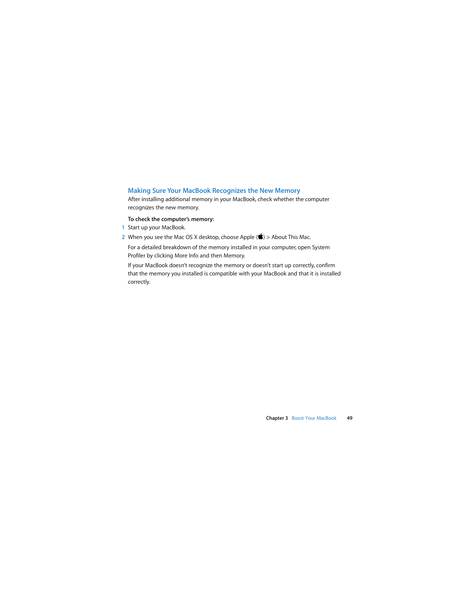 Making sure your macbook recognizes the new memory | Apple MacBook (13-inch, Aluminum, Late 2008) User Manual | Page 49 / 88