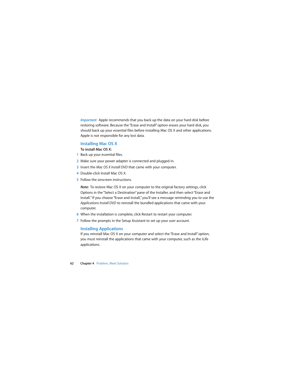 Installing macosx, Installing applications | Apple MacBook (13-inch, Aluminum, Late 2008) User Manual | Page 62 / 88