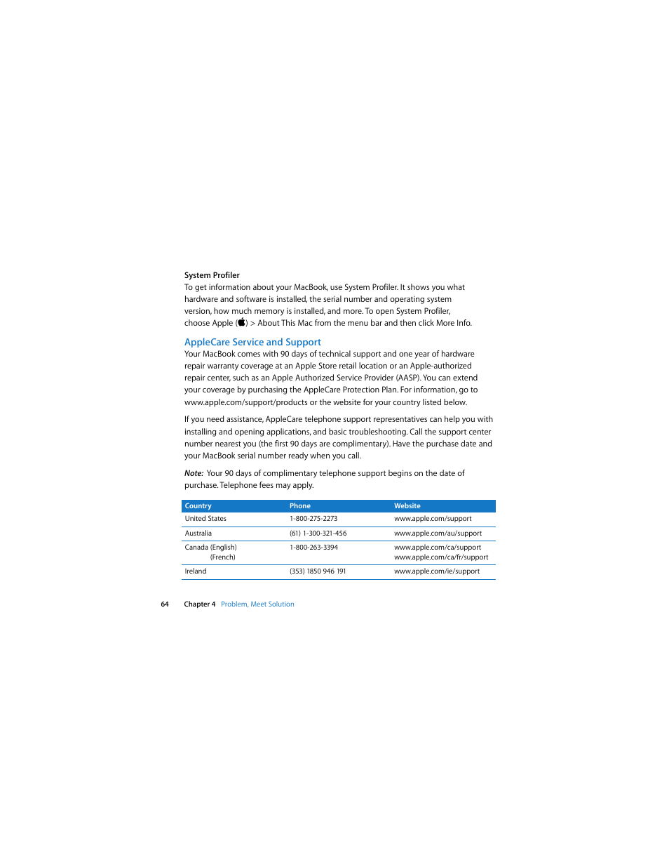 Applecare service and support | Apple MacBook (13-inch, Aluminum, Late 2008) User Manual | Page 64 / 88
