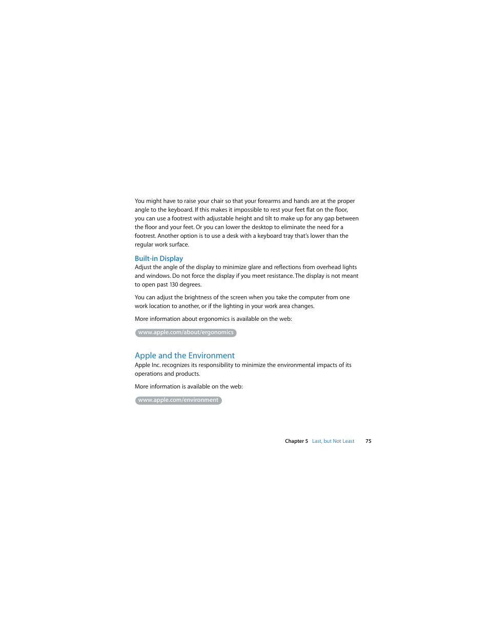 Built-in display, Apple and the environment | Apple MacBook (13-inch, Aluminum, Late 2008) User Manual | Page 75 / 88