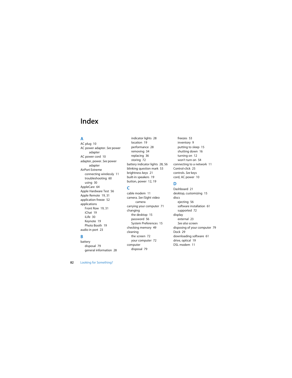 Index | Apple MacBook (13-inch, Aluminum, Late 2008) User Manual | Page 82 / 88
