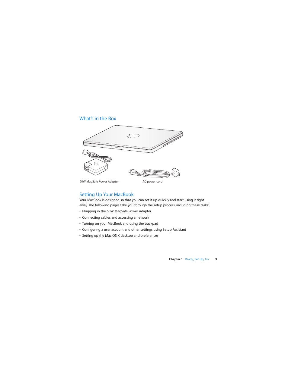 What’s in the box, Setting up your macbook, What’s in the box setting up your macbook | Apple MacBook (13-inch, Aluminum, Late 2008) User Manual | Page 9 / 88