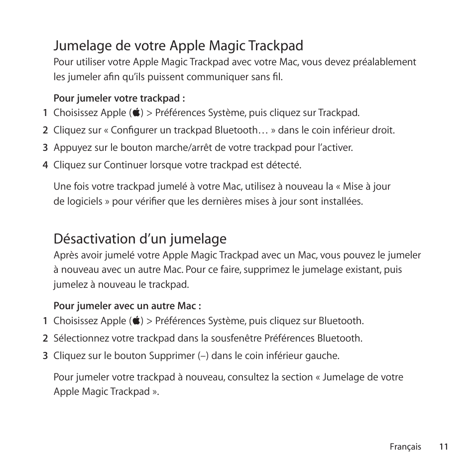 Jumelage de votre apple magic trackpad, Désactivation d’un jumelage | Apple Magic Trackpad User Manual | Page 11 / 36
