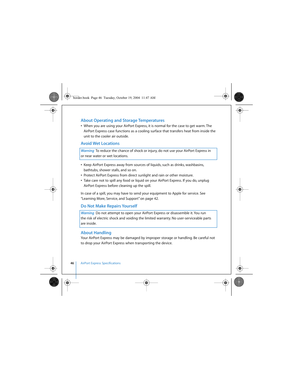 About operating and storage temperatures, Avoid wet locations, Do not make repairs yourself | About handling | Apple AirPort Express User Manual | Page 46 / 48