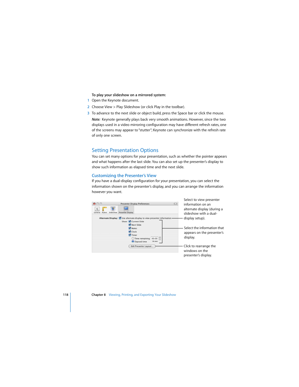 Setting presentation options, Customizing the presenter’s view | Apple Keynote 2 User Manual | Page 118 / 152