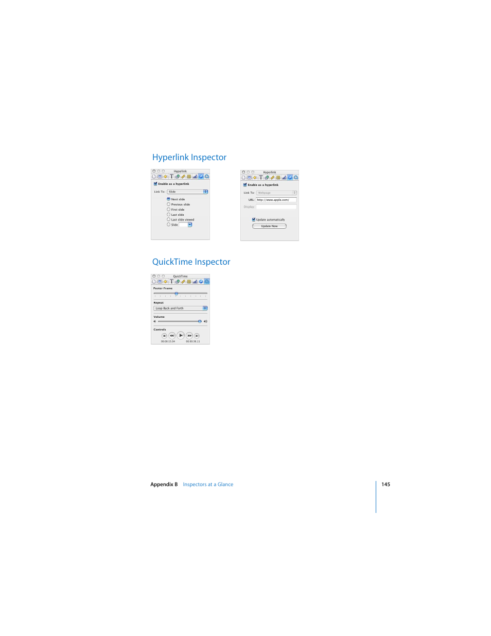 Hyperlink inspector, Quicktime inspector, Hyperlink inspector quicktime inspector | Apple Keynote 2 User Manual | Page 145 / 152