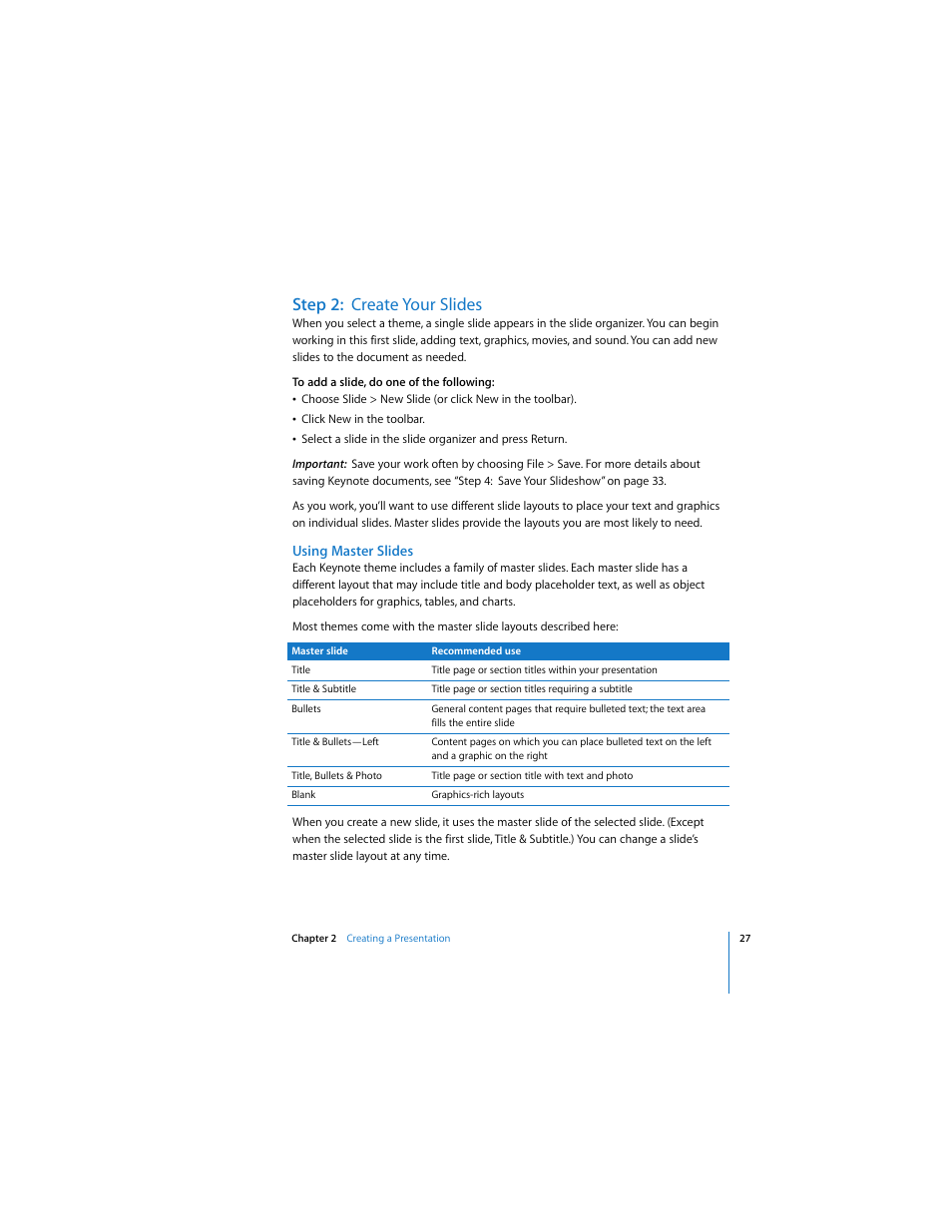 Step 2: create your slides, Using master slides | Apple Keynote 2 User Manual | Page 27 / 152