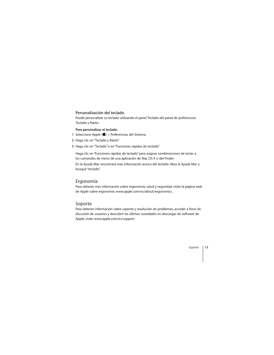 Personalización del teclado, Ergonomía, Soporte | Apple Keyboard (aluminum; wired) User Manual | Page 13 / 16