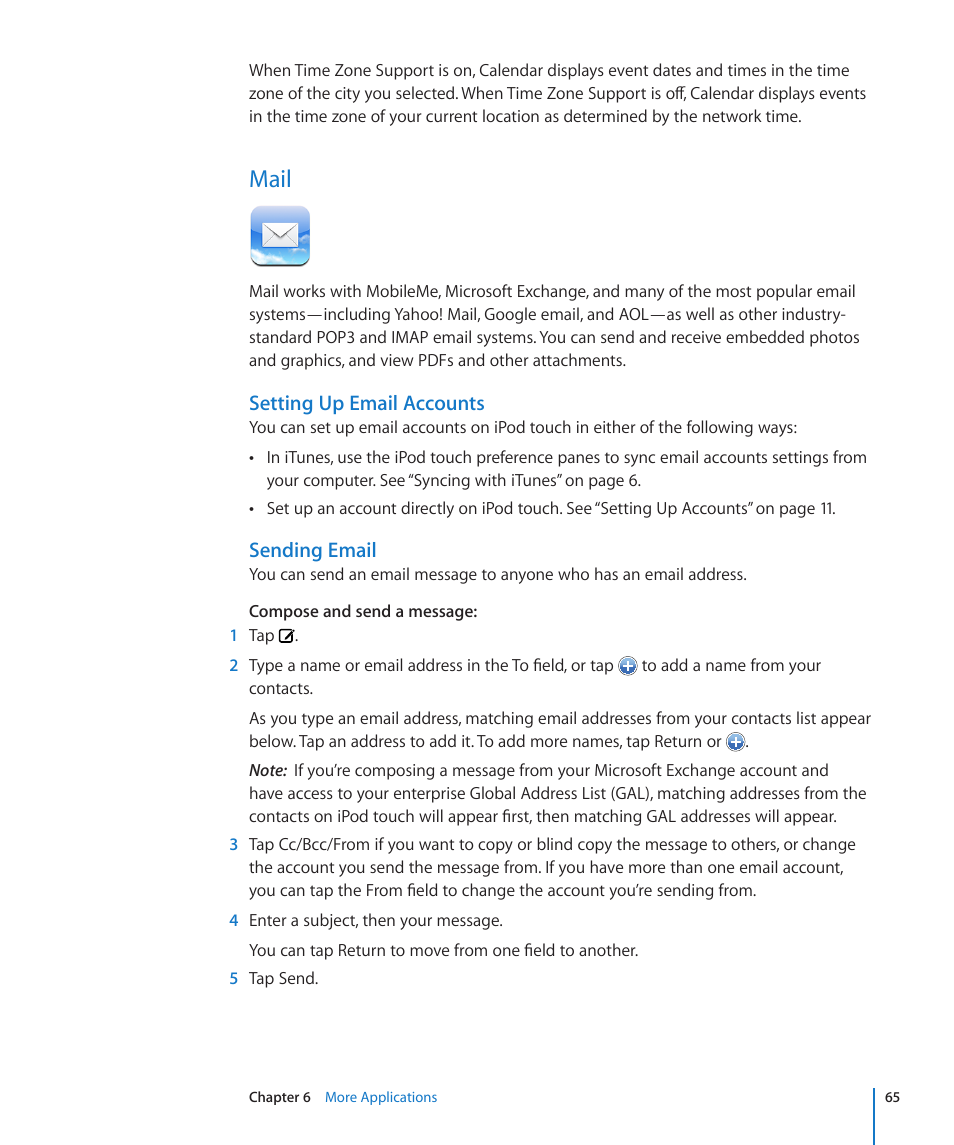 Mail, 65 mail, Setting up email accounts | Sending email | Apple iPod touch iOS 2.0 User Manual | Page 65 / 120