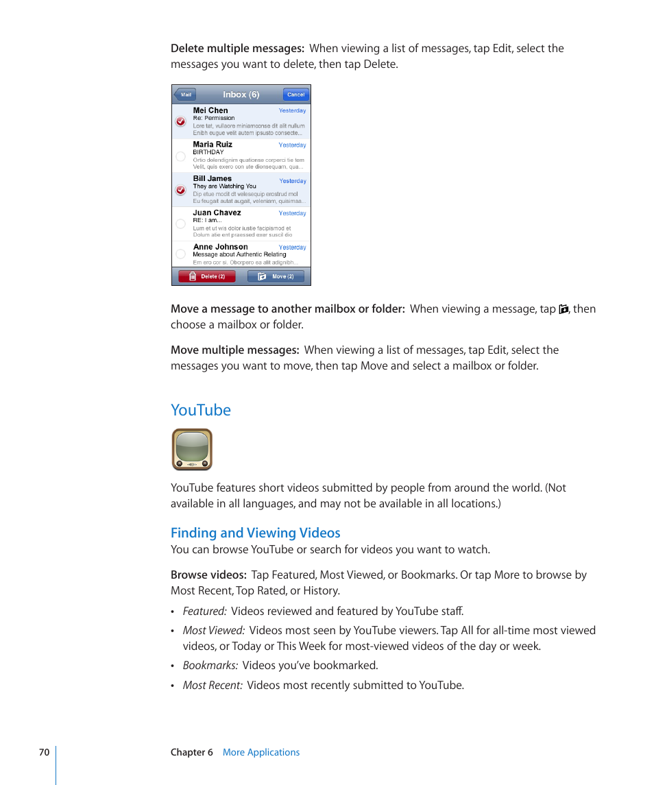 Youtube, 70 youtube, Finding and viewing videos | Apple iPod touch iOS 2.0 User Manual | Page 70 / 120