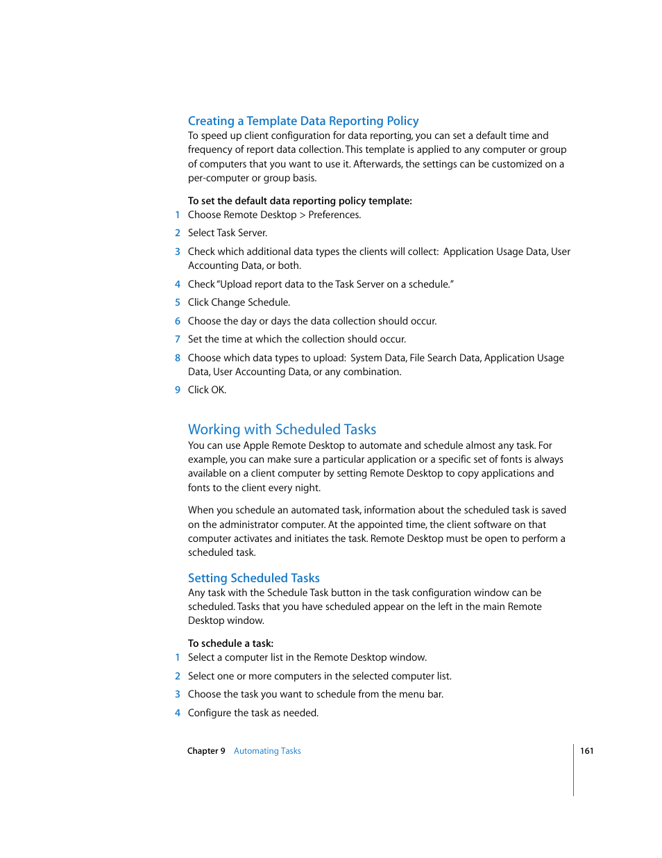 Creating a template data reporting policy, Working with scheduled tasks, Setting scheduled tasks | Apple Remote Desktop 3.1 User Manual | Page 161 / 191