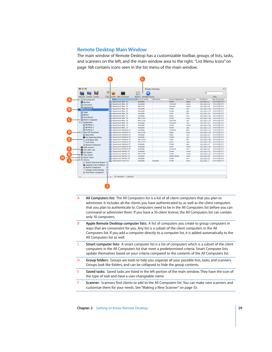 Remote desktop main window | Apple Remote Desktop 3.1 User Manual | Page 29 / 191