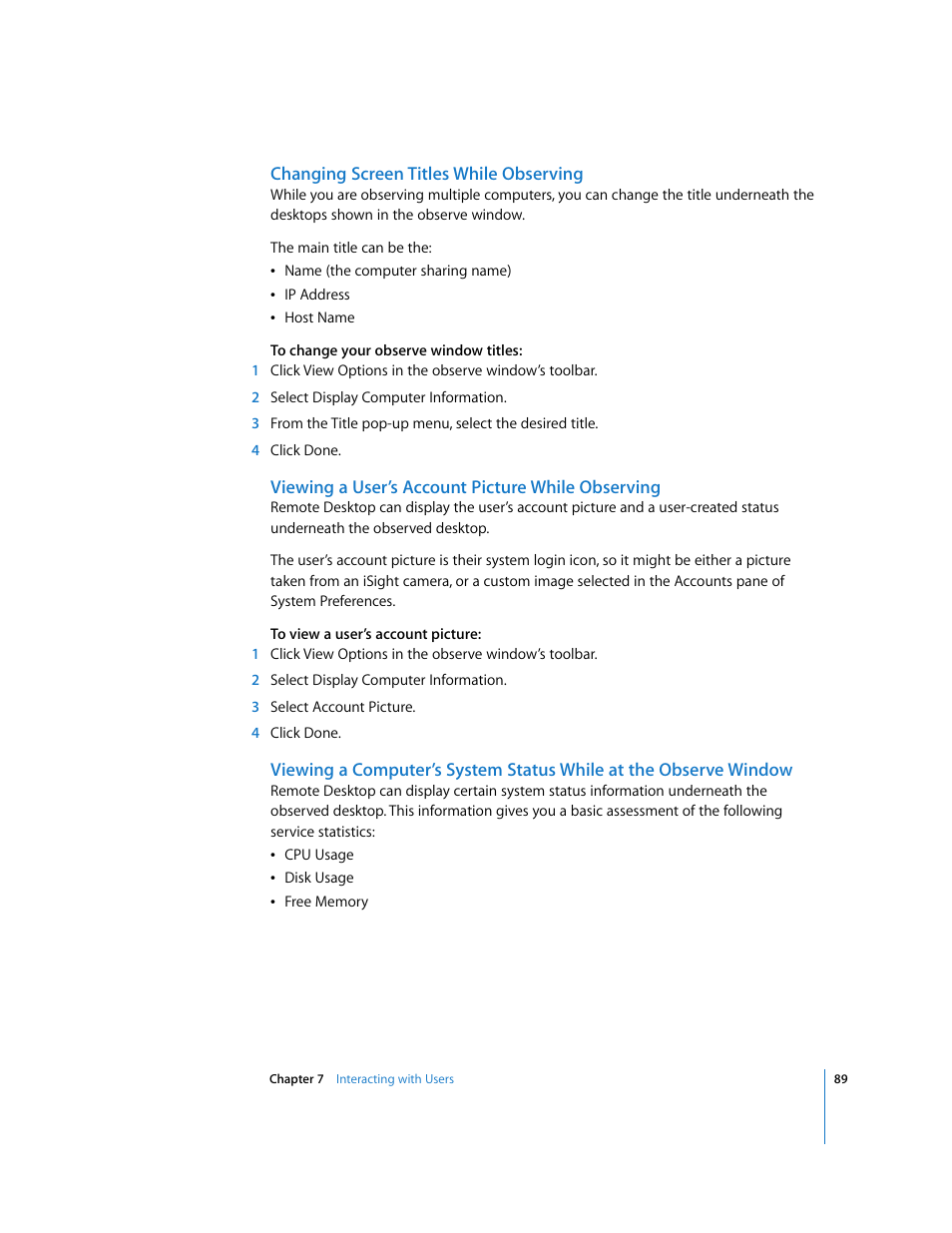 Changing screen titles while observing, Viewing a user’s account picture while observing | Apple Remote Desktop 3.1 User Manual | Page 89 / 191