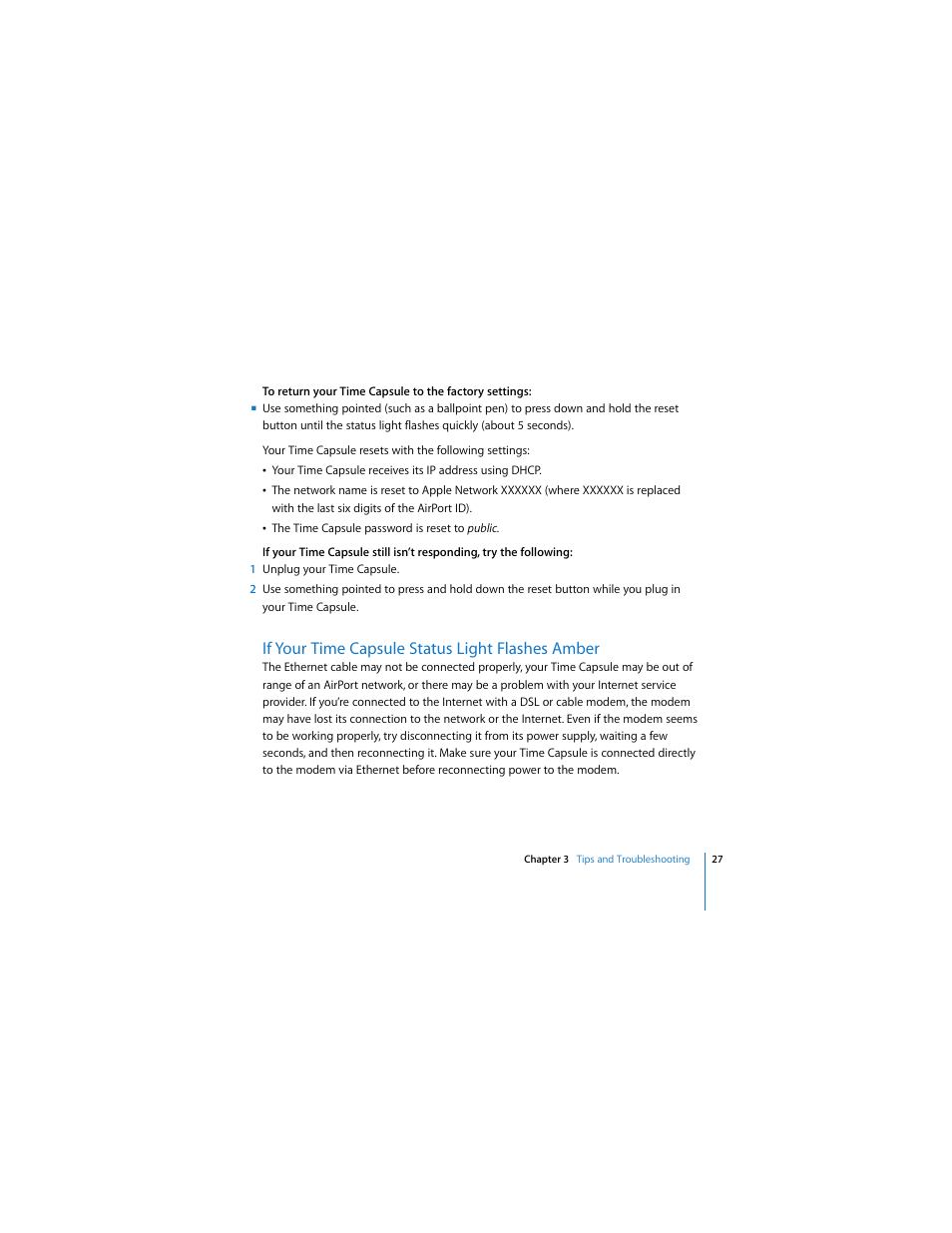 If your time capsule status light flashes amber | Apple AirPort Time Capsule 802.11n (2nd Generation) User Manual | Page 27 / 40