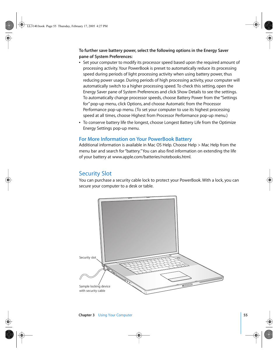 Security slot, For more information on your powerbook battery | Apple PowerBook G4 (17-inch, 1.67 GHz) User Manual | Page 55 / 112