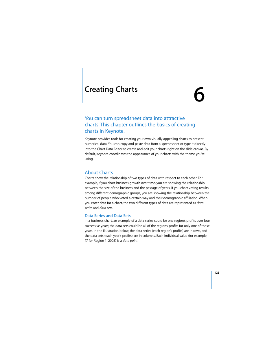 Creating charts, About charts, Data series and data sets | Chapter 6, “creating charts | Apple Keynote 3 User Manual | Page 123 / 187