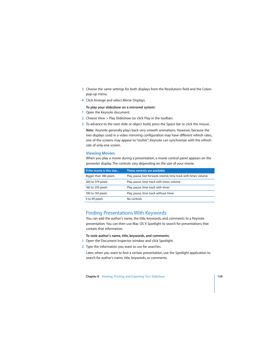 Viewing movies, Finding presentations with keywords | Apple Keynote 3 User Manual | Page 159 / 187