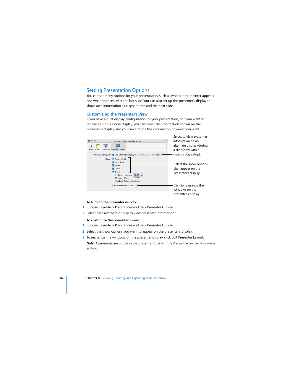 Setting presentation options, Customizing the presenter’s view | Apple Keynote 3 User Manual | Page 160 / 187