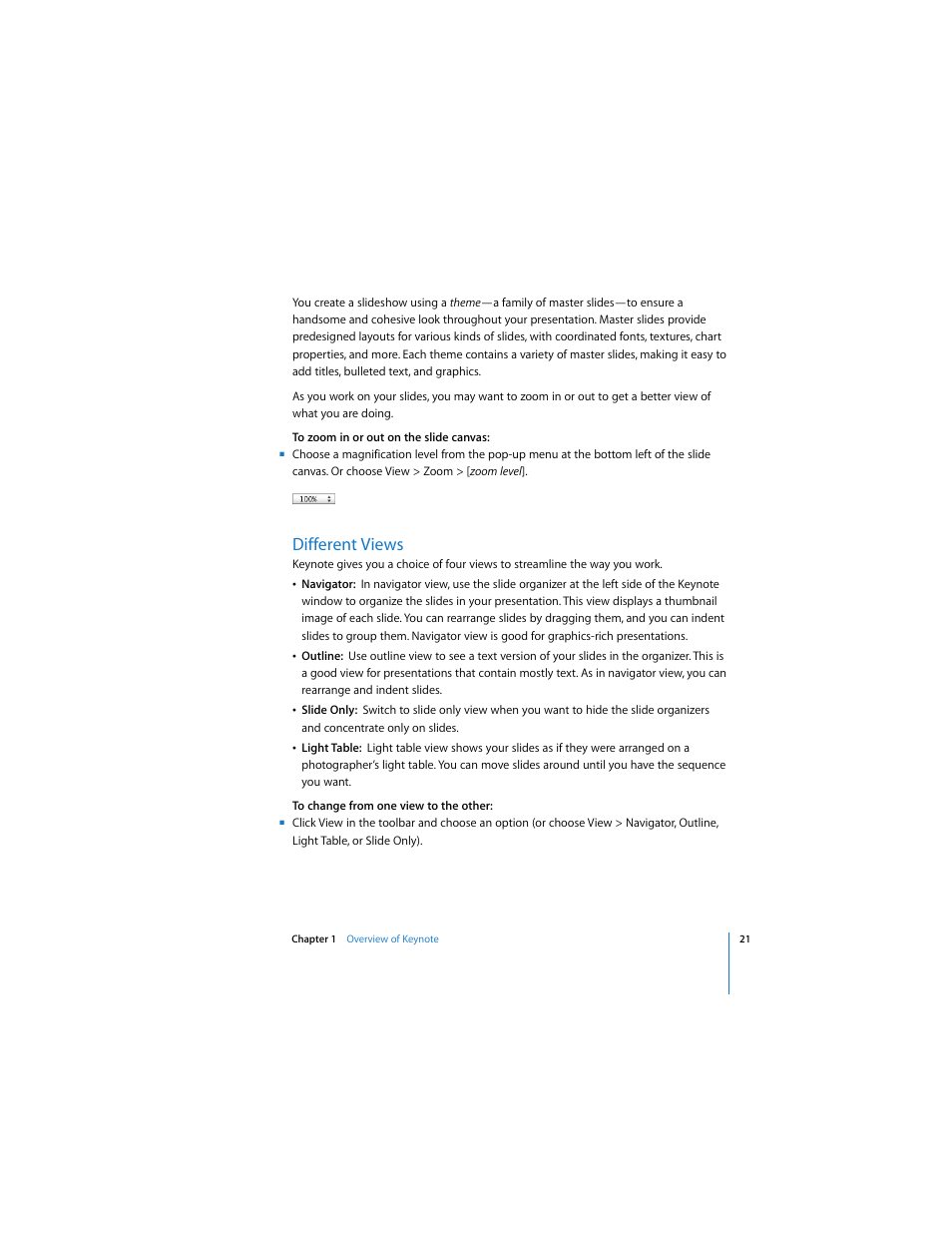 Different views | Apple Keynote 3 User Manual | Page 21 / 187