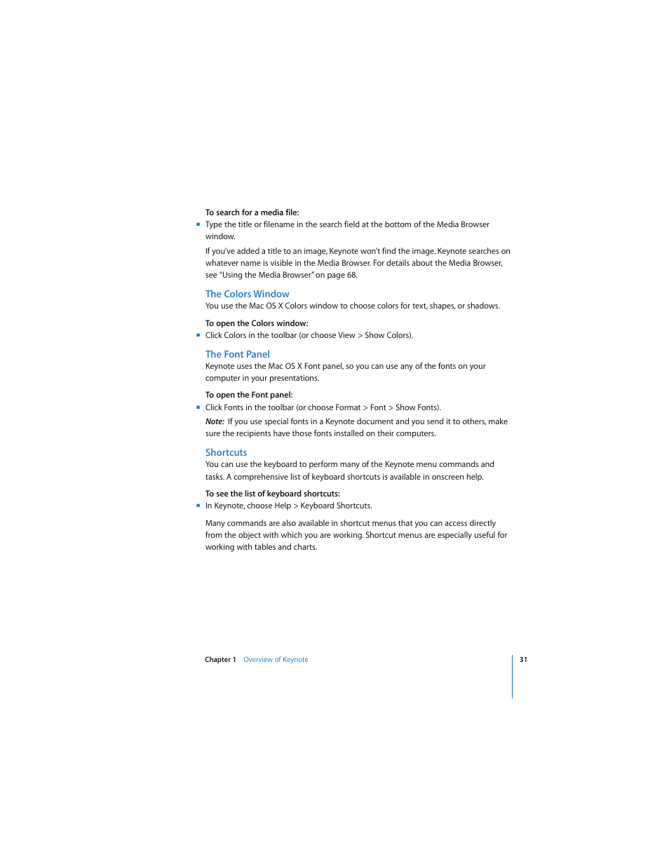 The colors window, The font panel, Shortcuts | Apple Keynote 3 User Manual | Page 31 / 187