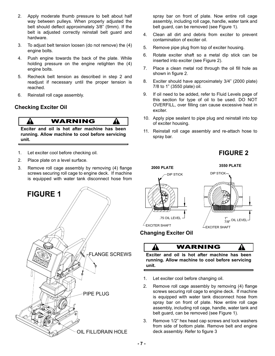 Checking exciter oil, Changing exciter oil, Checking exciter oil warning | Changing exciter oil warning | MBW 3550 Series User Manual | Page 10 / 29