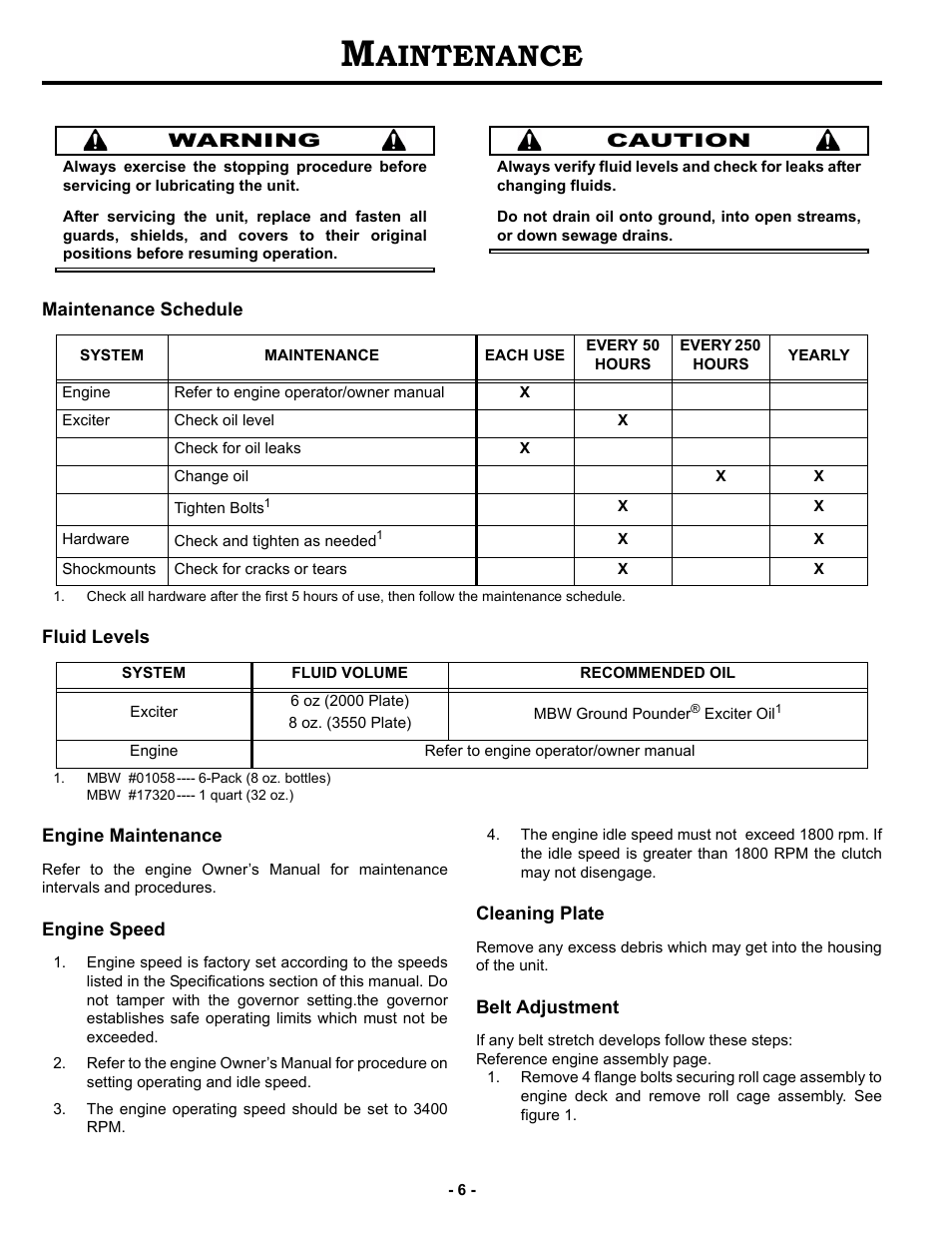 Maintenance, Maintenance schedule, Fluid levels | Engine maintenance, Engine speed, Cleaning plate, Belt adjustment, Aintenance | MBW 3550 Series User Manual | Page 9 / 29