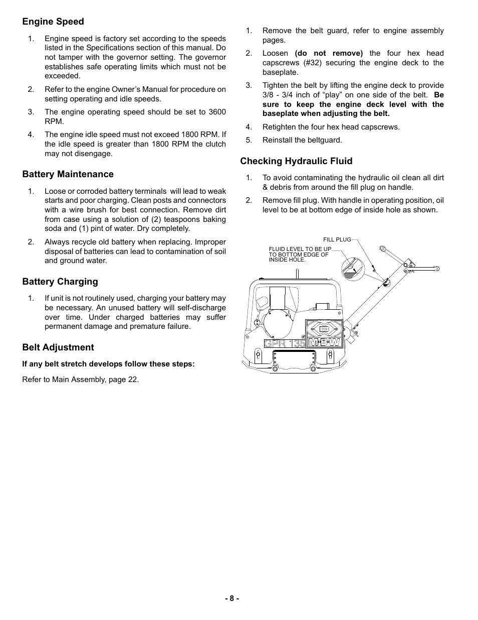 Engine speed, Battery maintenance, Battery charging | Belt adjustment, Checking hydraulic fluid | MBW GPR135 User Manual | Page 11 / 41