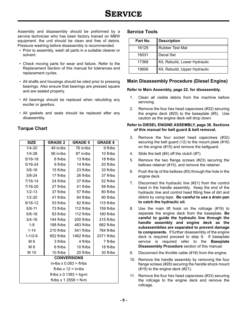 Service, Torque chart, Service tools | Main disassembly procedure (diesel engine), Ervice | MBW GPR135 User Manual | Page 12 / 41