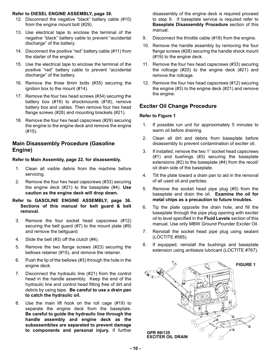 Main disassembly procedure (gasoline engine), Exciter oil change procedure | MBW GPR135 User Manual | Page 13 / 41