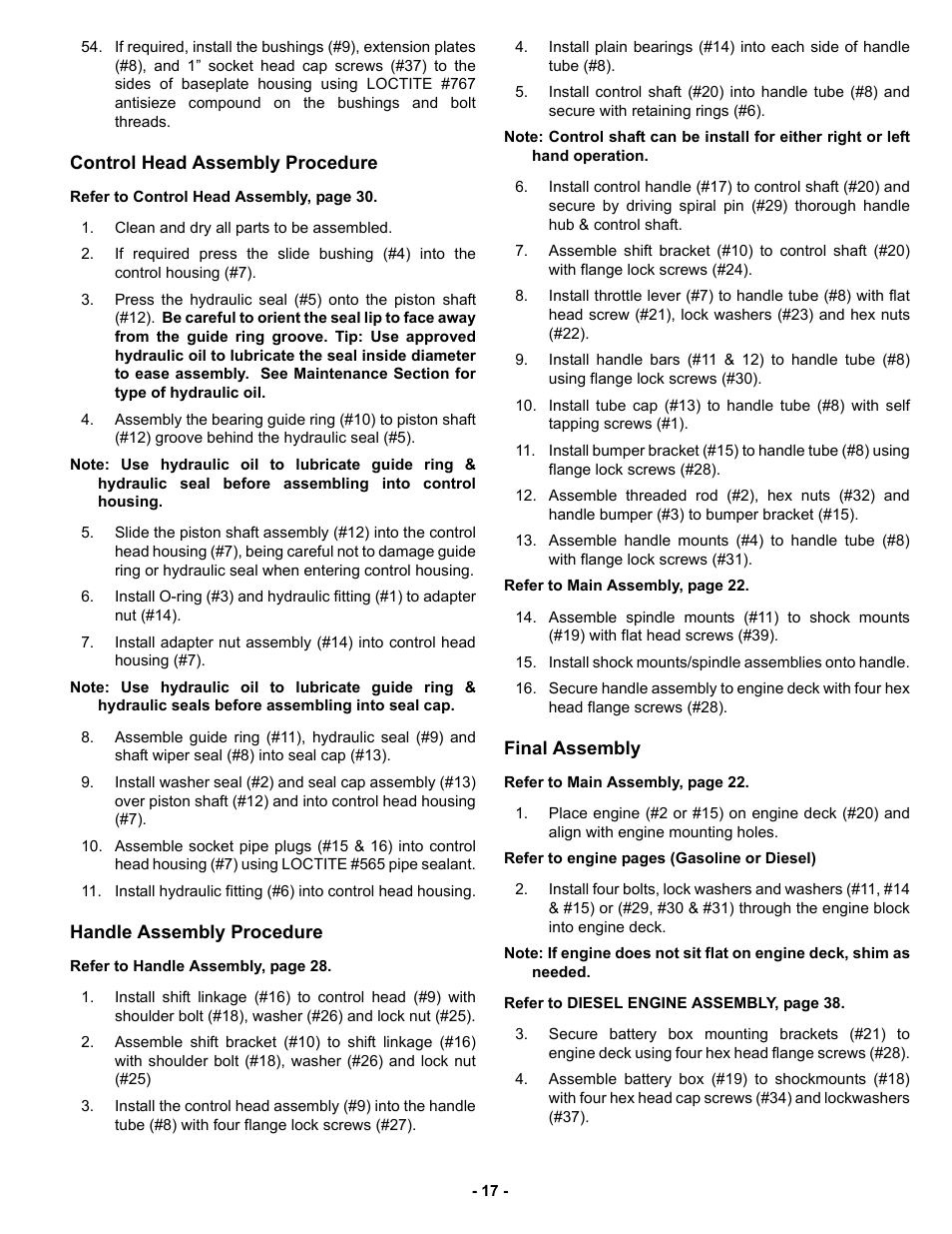 Control head assembly procedure, Handle assembly procedure, Final assembly | MBW GPR135 User Manual | Page 20 / 41