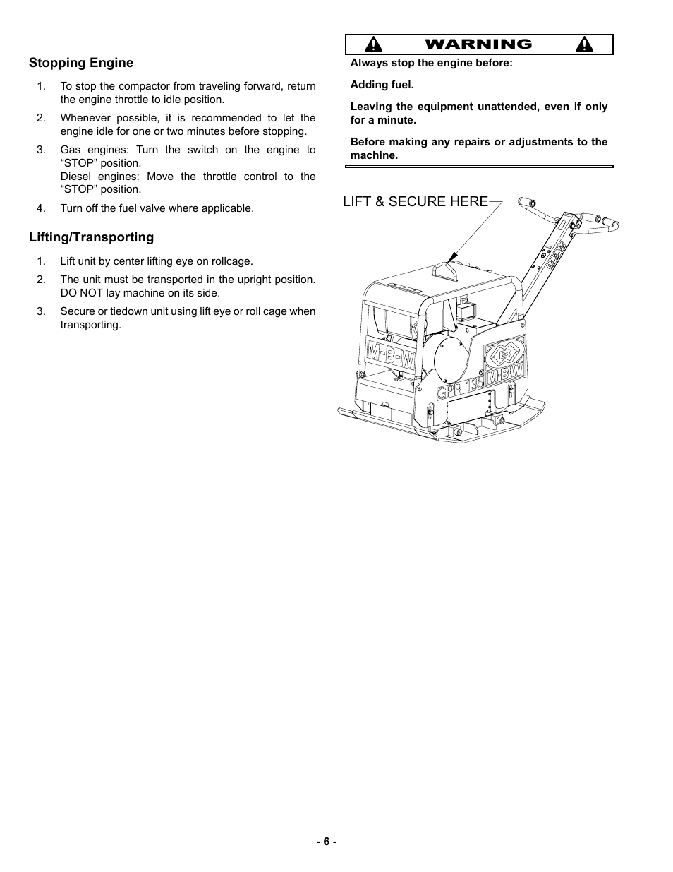 Stopping engine, Lifting/transporting | MBW GPR135 User Manual | Page 9 / 41