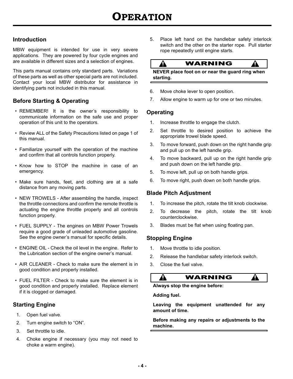 Operation, Introduction, Before starting & operating | Starting engine, Operating, Blade pitch adjustment, Stopping engine, Peration | MBW F24/4 User Manual | Page 7 / 14
