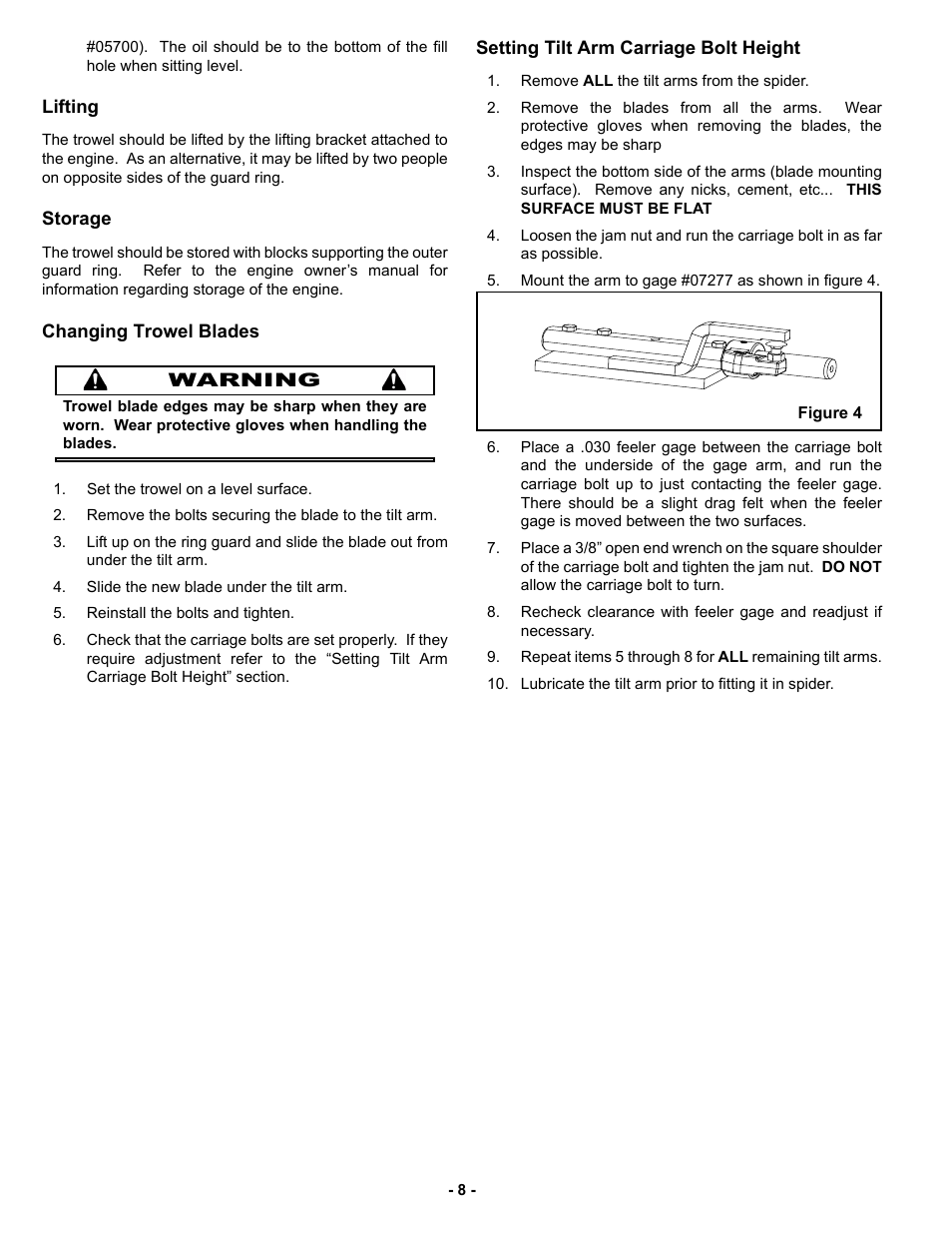 Lifting, Storage, Changing trowel blades | Setting tilt arm carriage bolt height | MBW F46/4 User Manual | Page 11 / 29