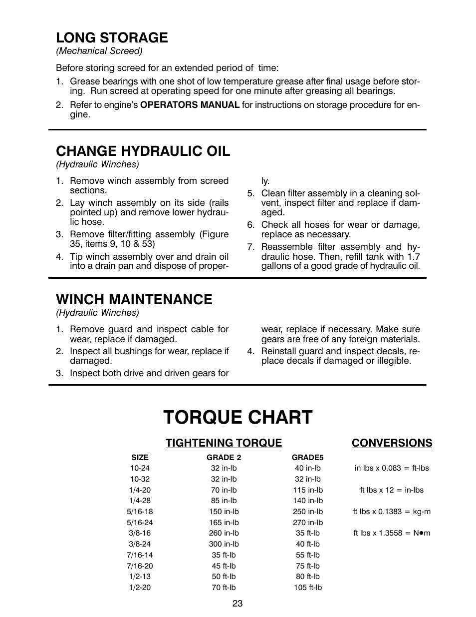 Torque chart, Long storage, Change hydraulic oil | Winch maintenance | MBW Blitzscreed User Manual | Page 25 / 56