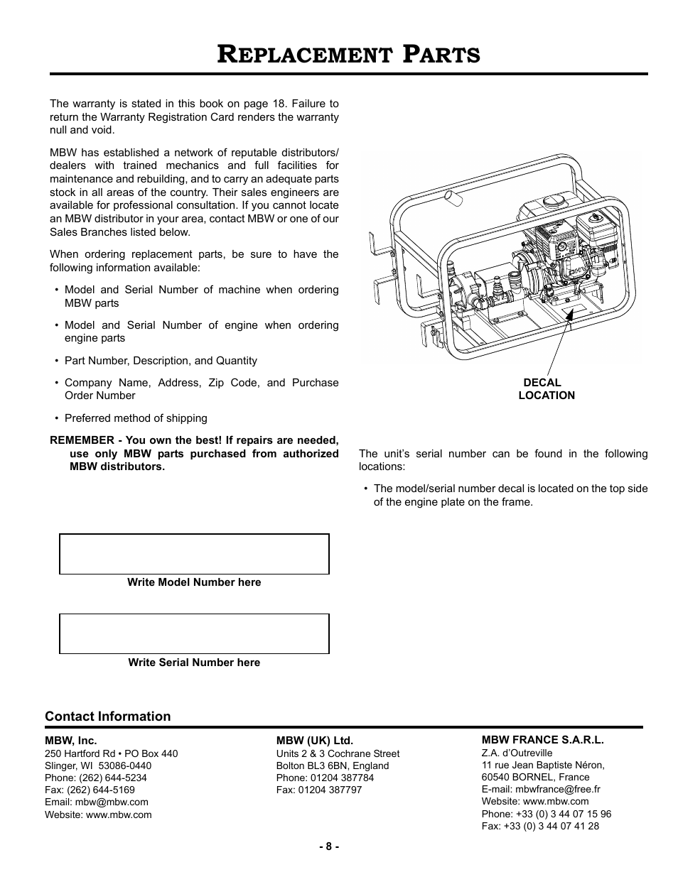 Replacement parts, Eplacement, Arts | MBW BMS95 User Manual | Page 11 / 21