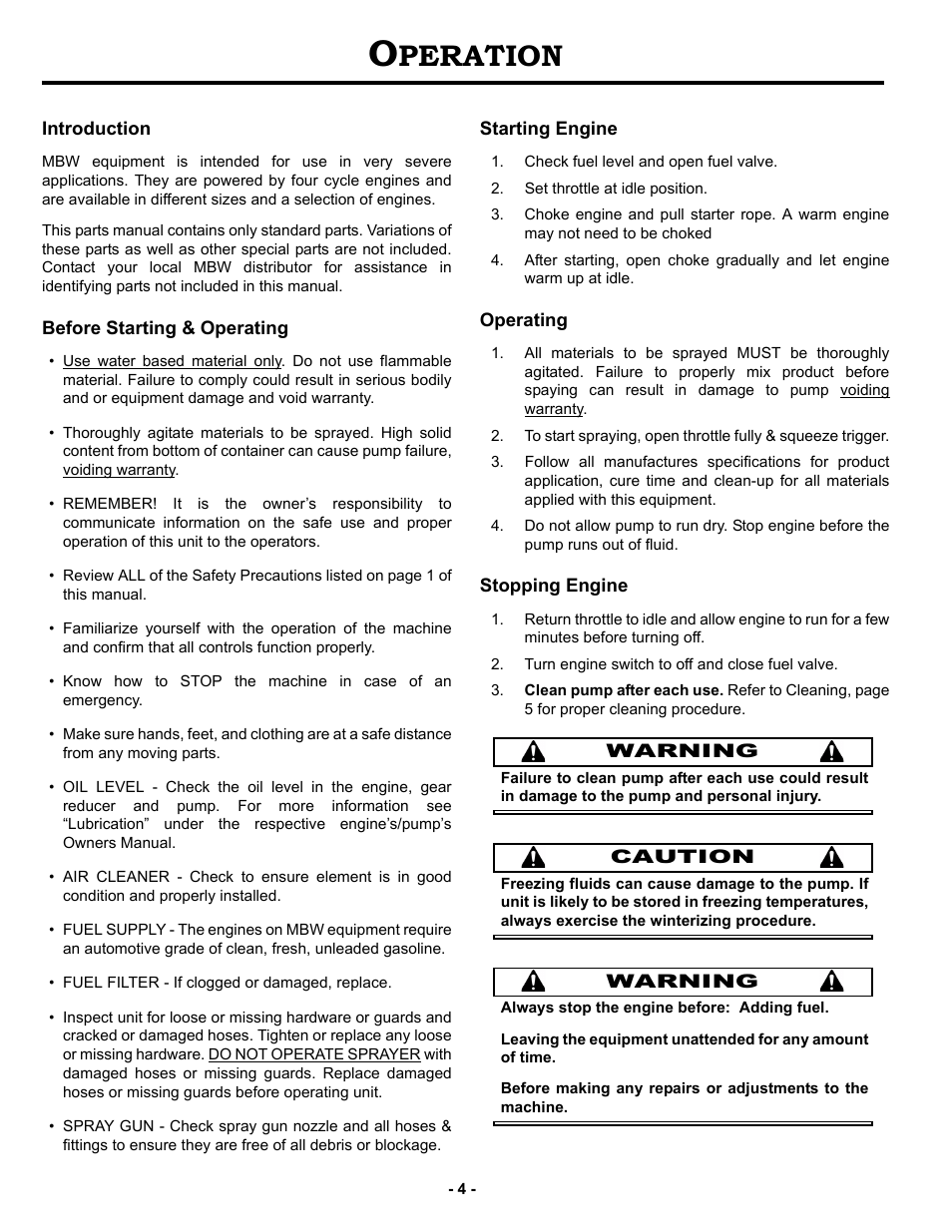 Operation, Introduction, Before starting & operating | Starting engine, Operating, Stopping engine, Peration | MBW BMS95 User Manual | Page 7 / 21