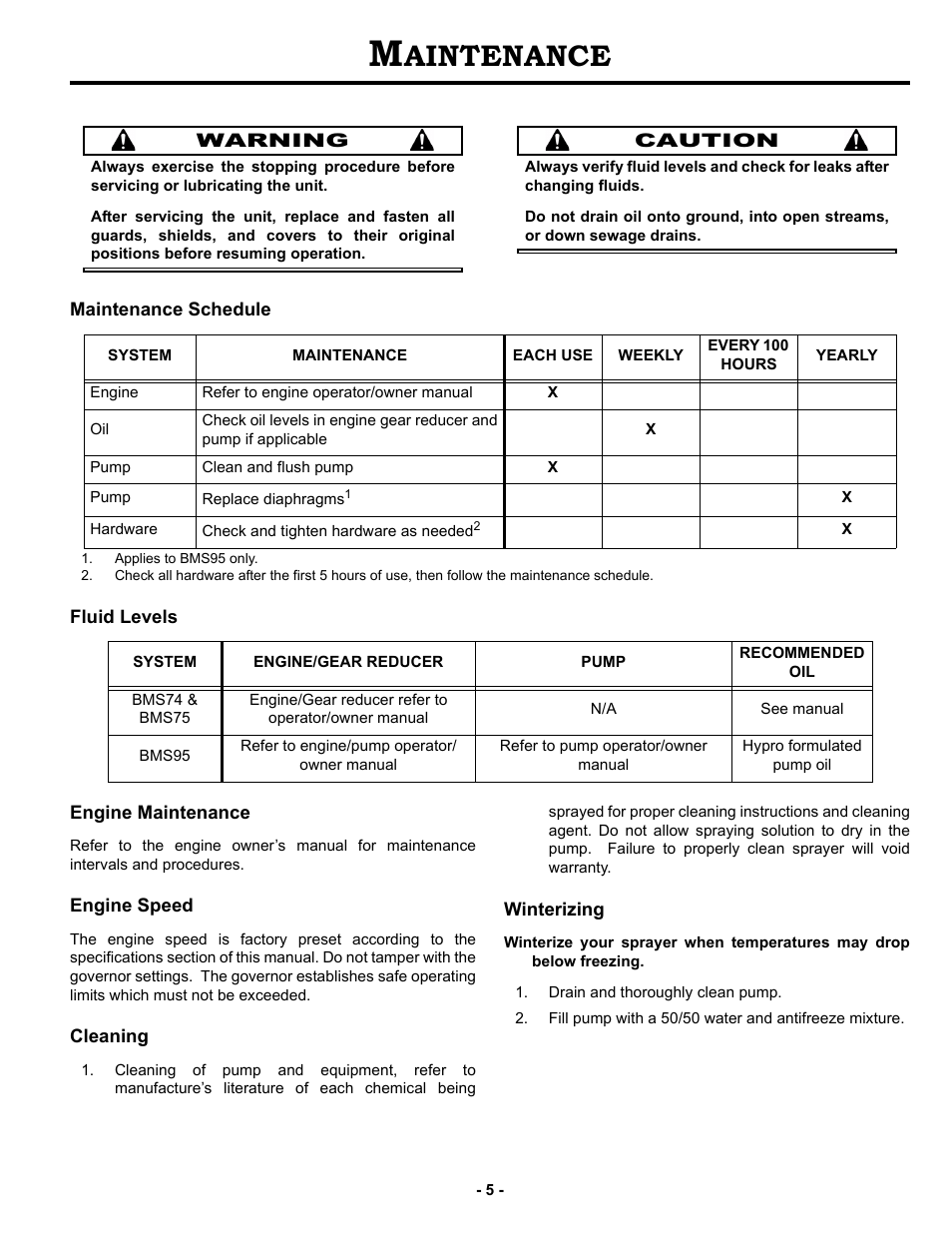 Maintenance, Maintenance schedule, Fluid levels | Engine maintenance, Engine speed, Cleaning, Winterizing, Aintenance | MBW BMS95 User Manual | Page 8 / 21