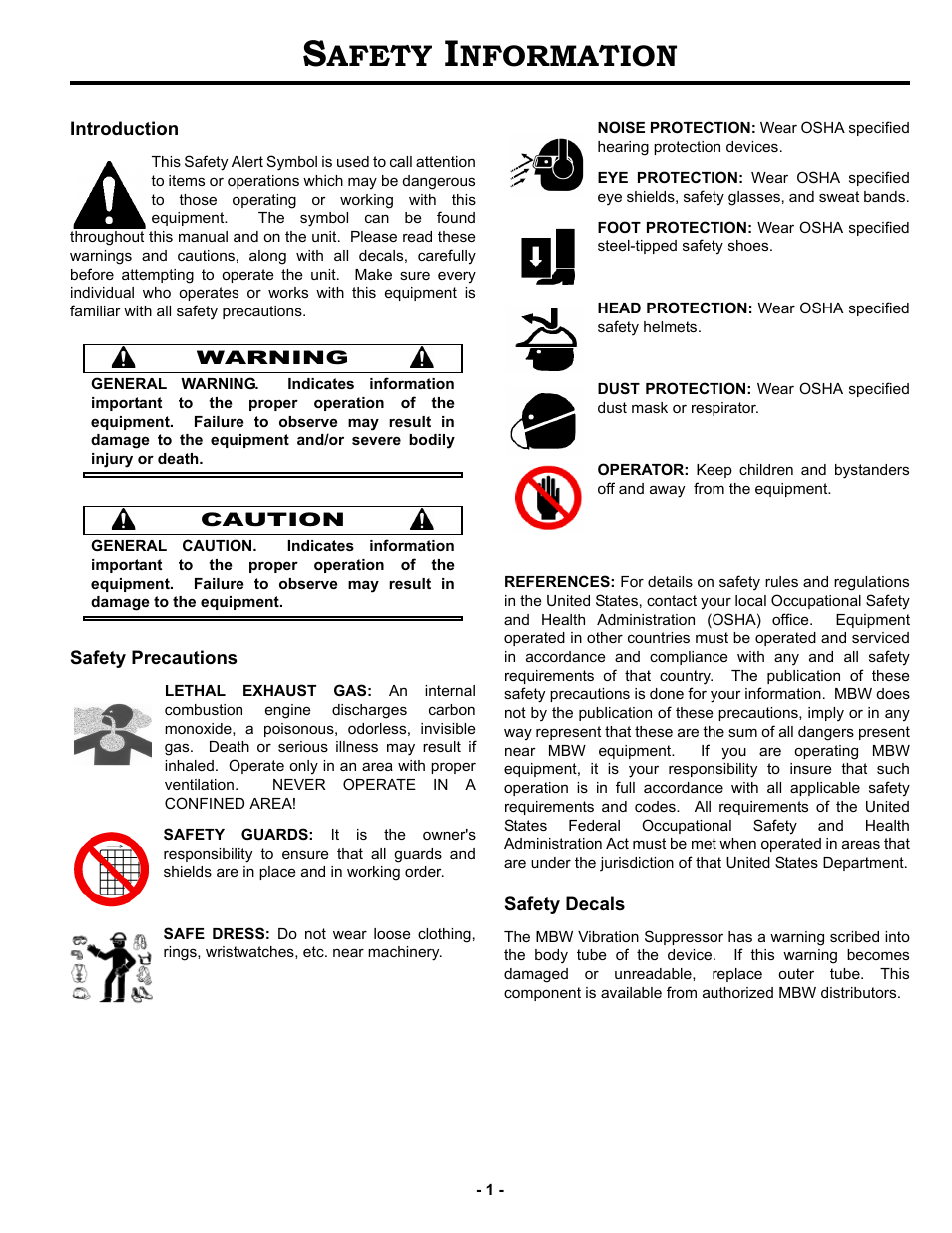 Safety information, Introduction, Safety precautions | Safety decals, Afety, Nformation | MBW VS77M User Manual | Page 4 / 21